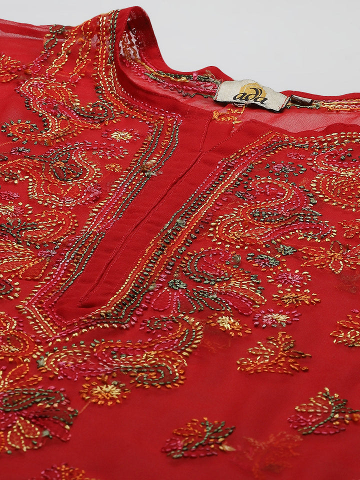 Red-&-Multicolor-Georgette-Chikankari-2-Piece-Kurta-Set