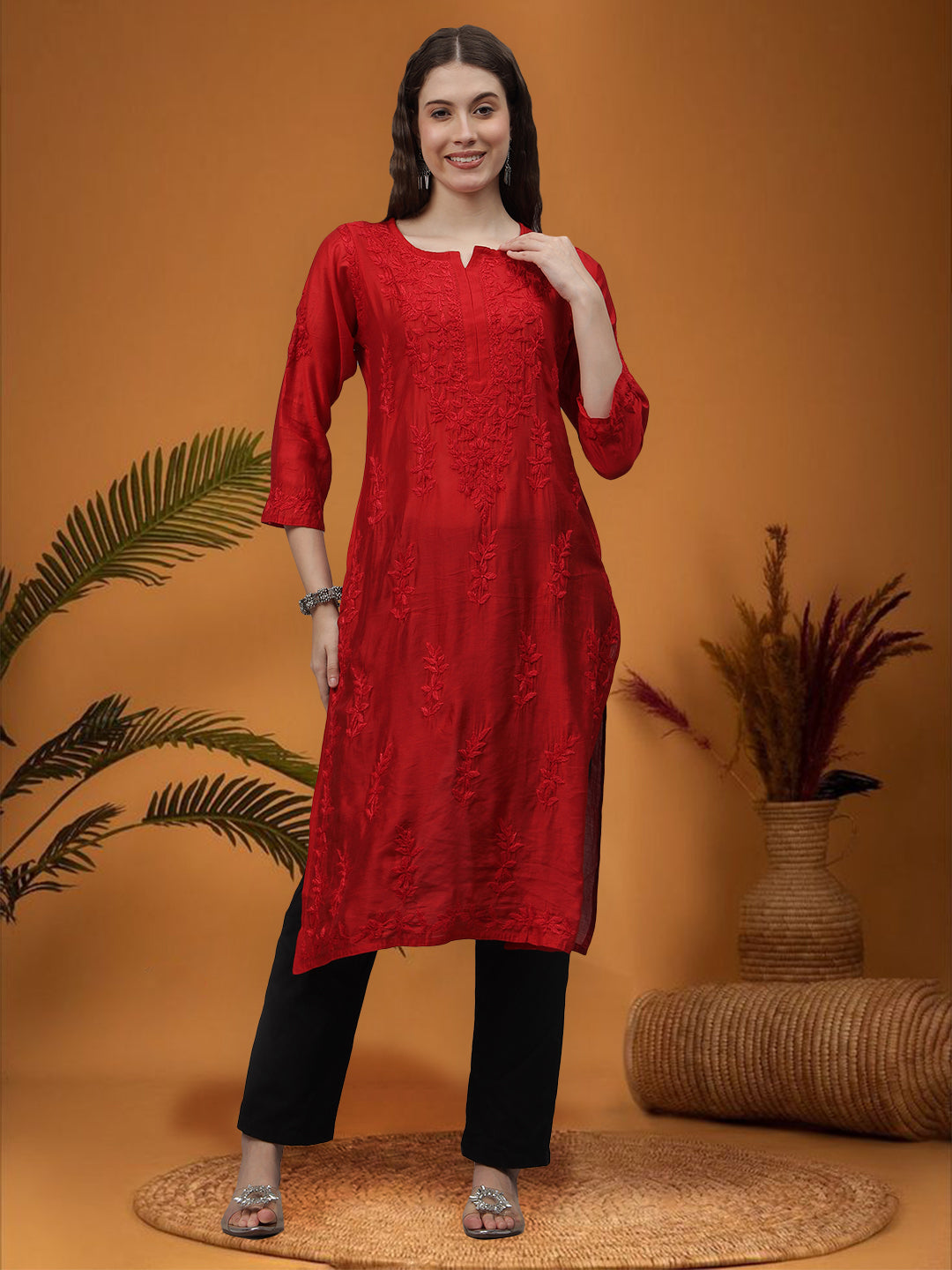 Red-&-White-Chanderi-Embroidered-Chikankari-Kurta