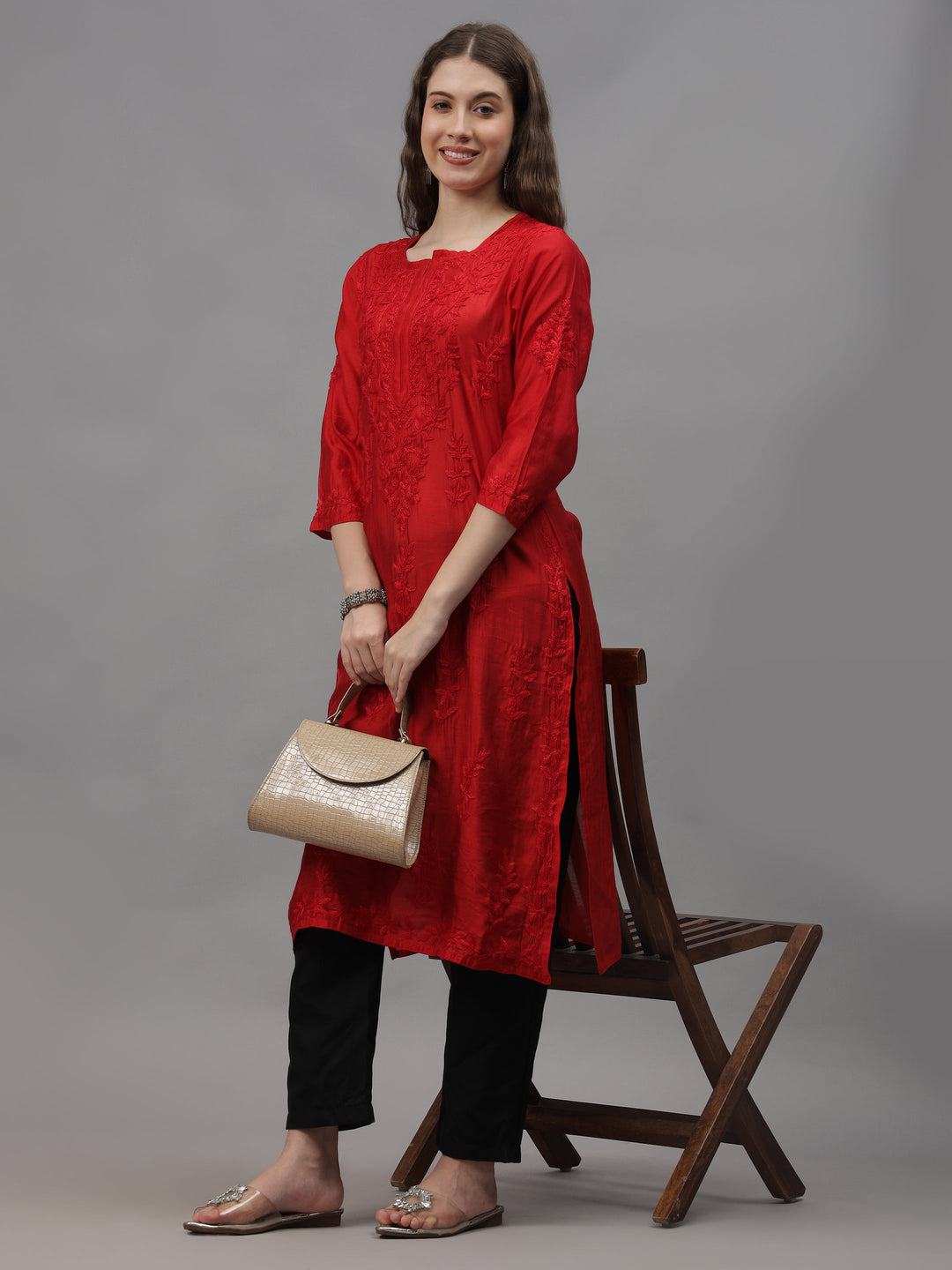 Red-&-White-Chanderi-Embroidered-Chikankari-Kurta