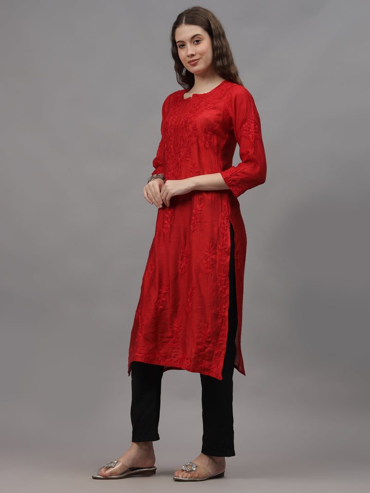 Red-&-White-Chanderi-Embroidered-Chikankari-Kurta