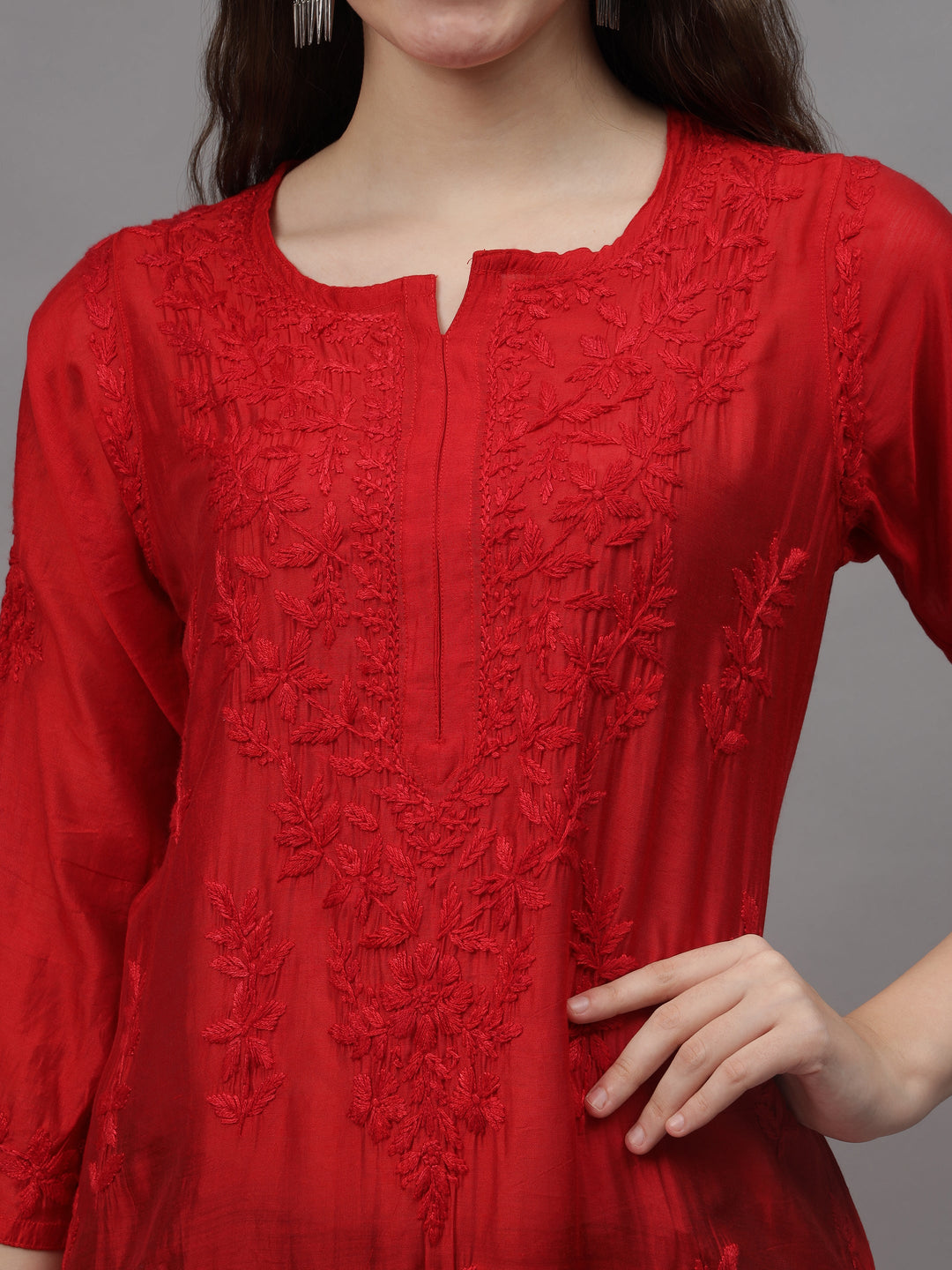 Red-&-White-Chanderi-Embroidered-Chikankari-Kurta