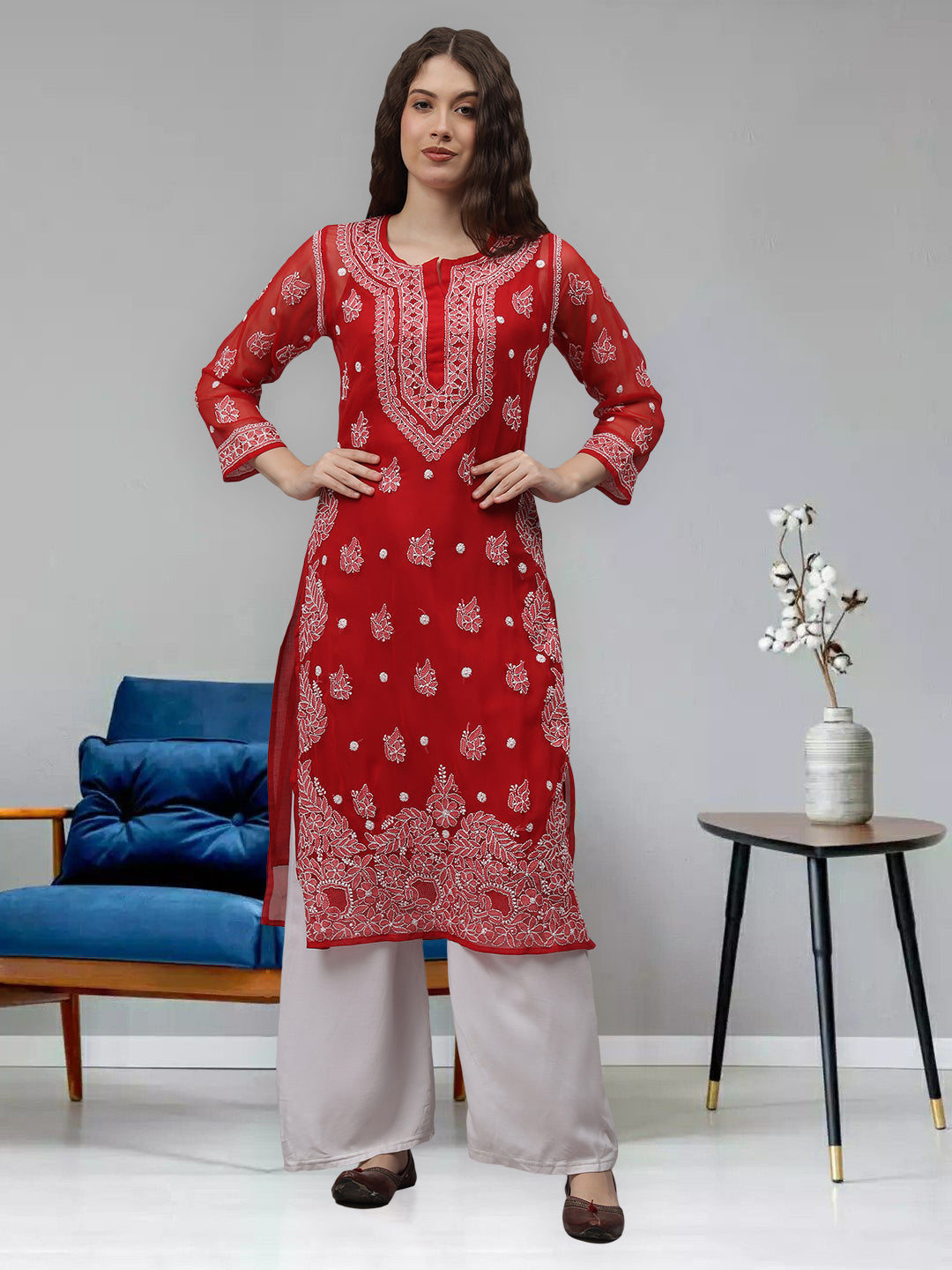 Red-&-White-Georgette-Embroidered-Chikankari-Kurti-With-Slip