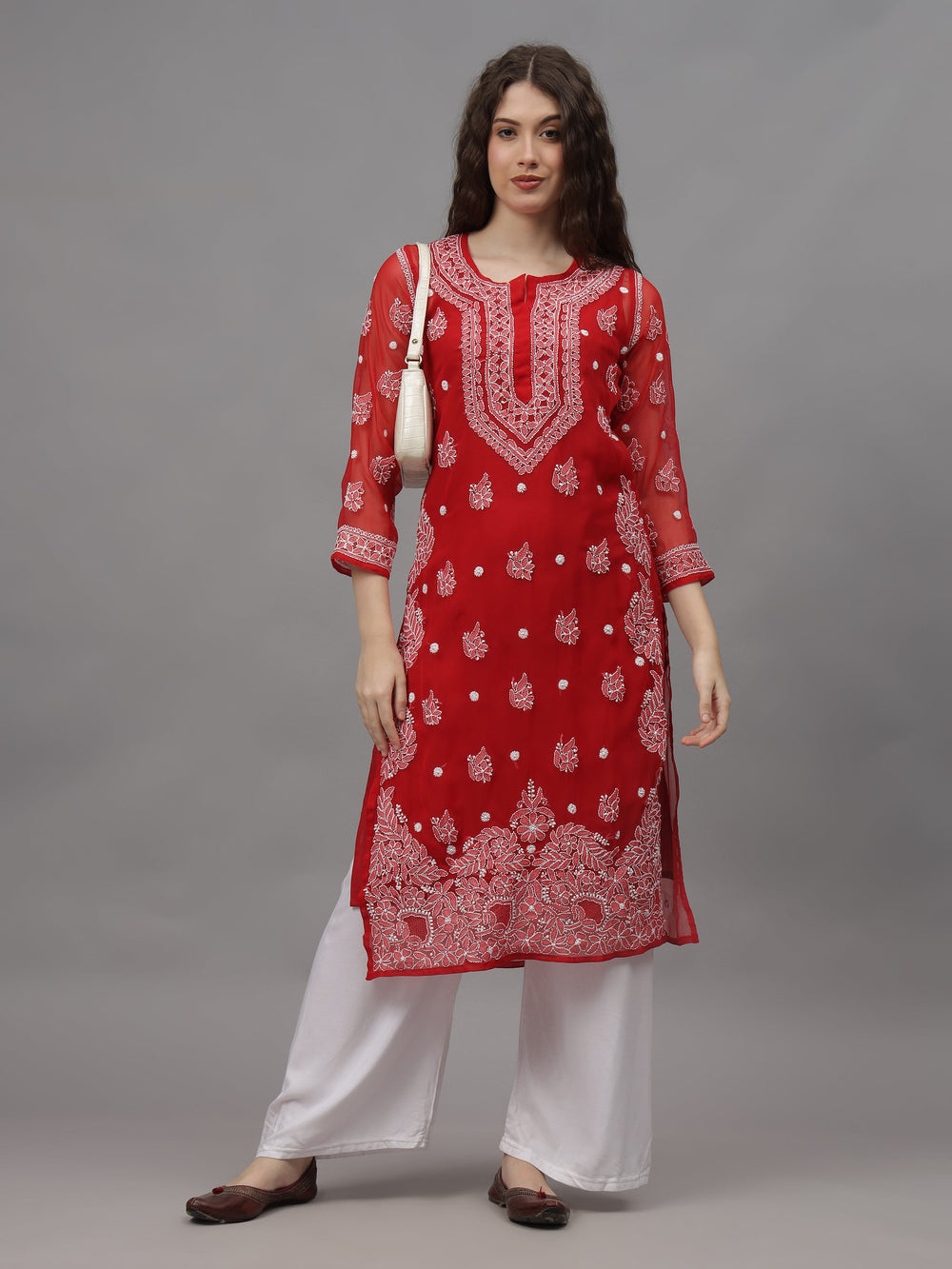 Red-&-White-Georgette-Embroidered-Chikankari-Kurti-With-Slip