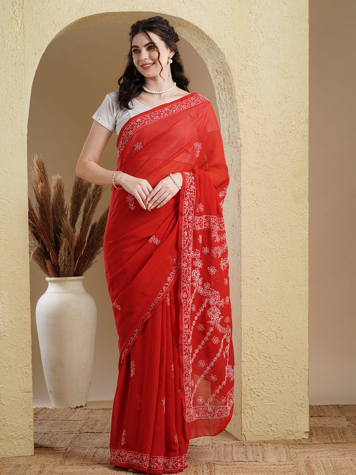 Red-&-White-Georgette-Hand-Embroidered-Chikankari-Saree