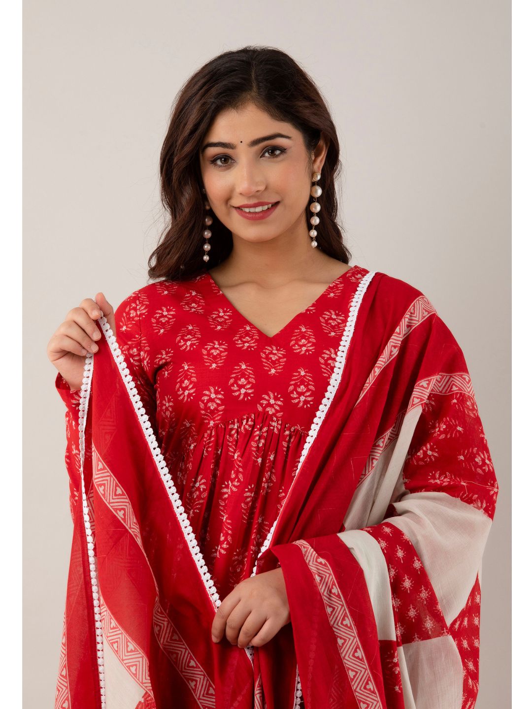 Red & White Kalidar Kurta Set with Dupatta