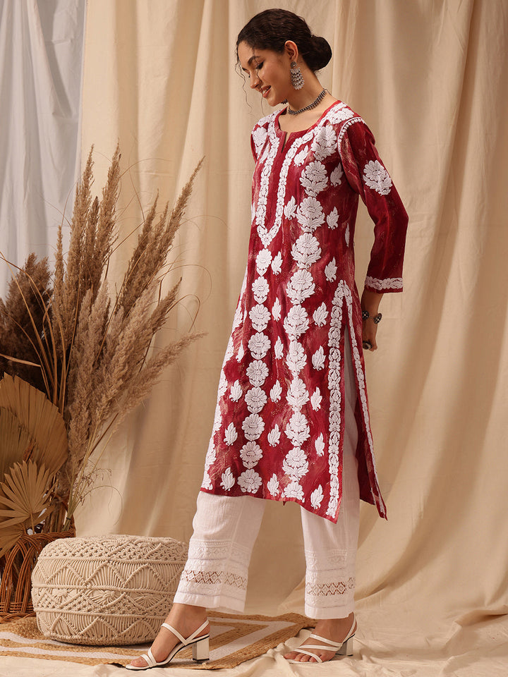 Red-&-White-Modal-Embroidered-Chikankari-Kurta