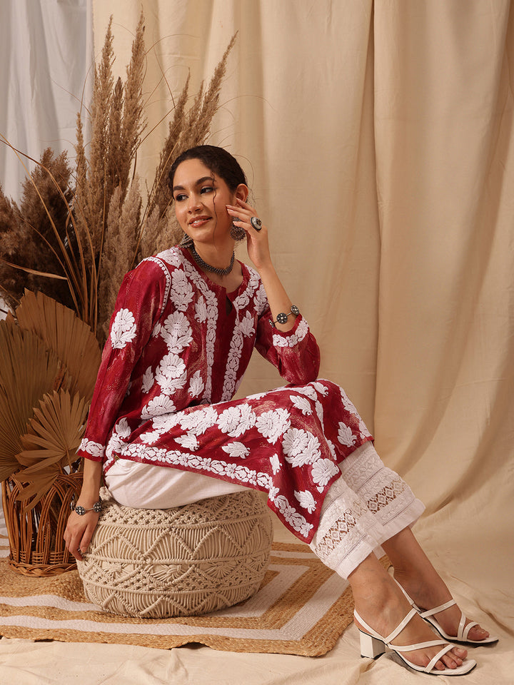 Red-&-White-Modal-Embroidered-Chikankari-Kurta