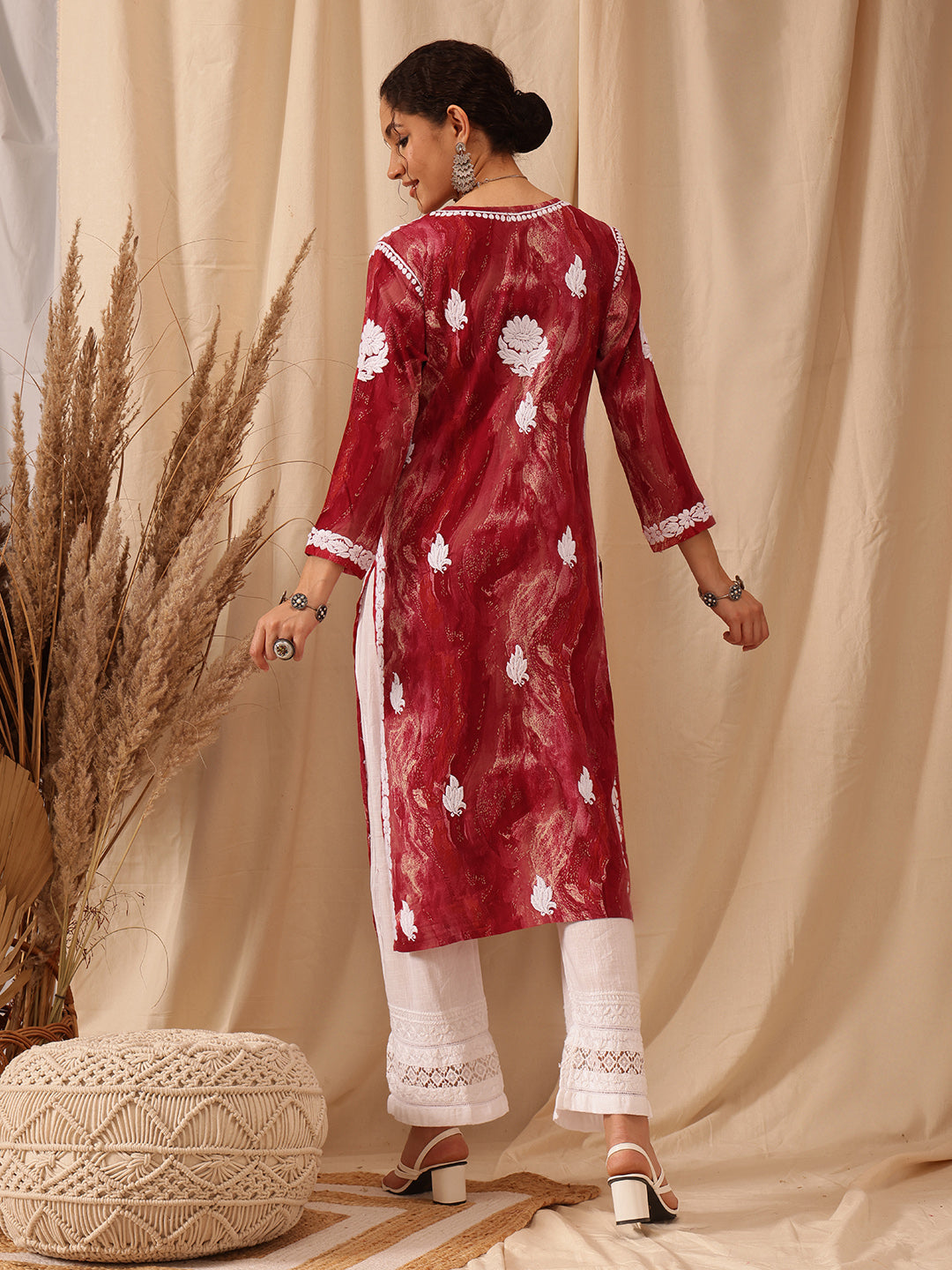 Red-&-White-Modal-Embroidered-Chikankari-Kurta