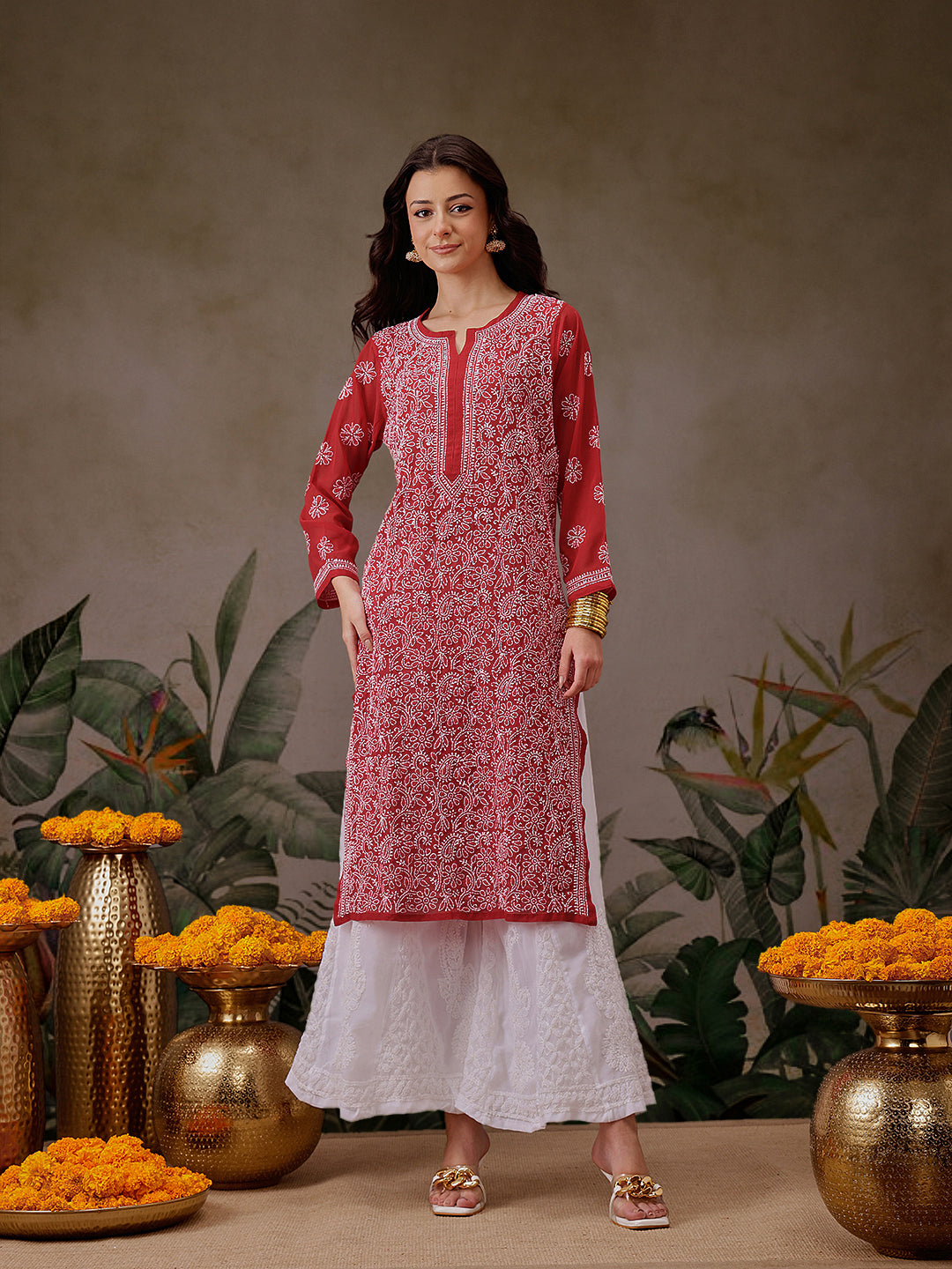 Red-&-White-Poly-Georgette-Chikankari-Kurta-With-Palazzo