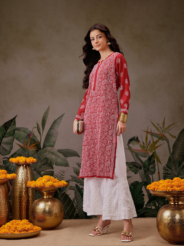 Red-&-White-Poly-Georgette-Chikankari-Kurta-With-Palazzo