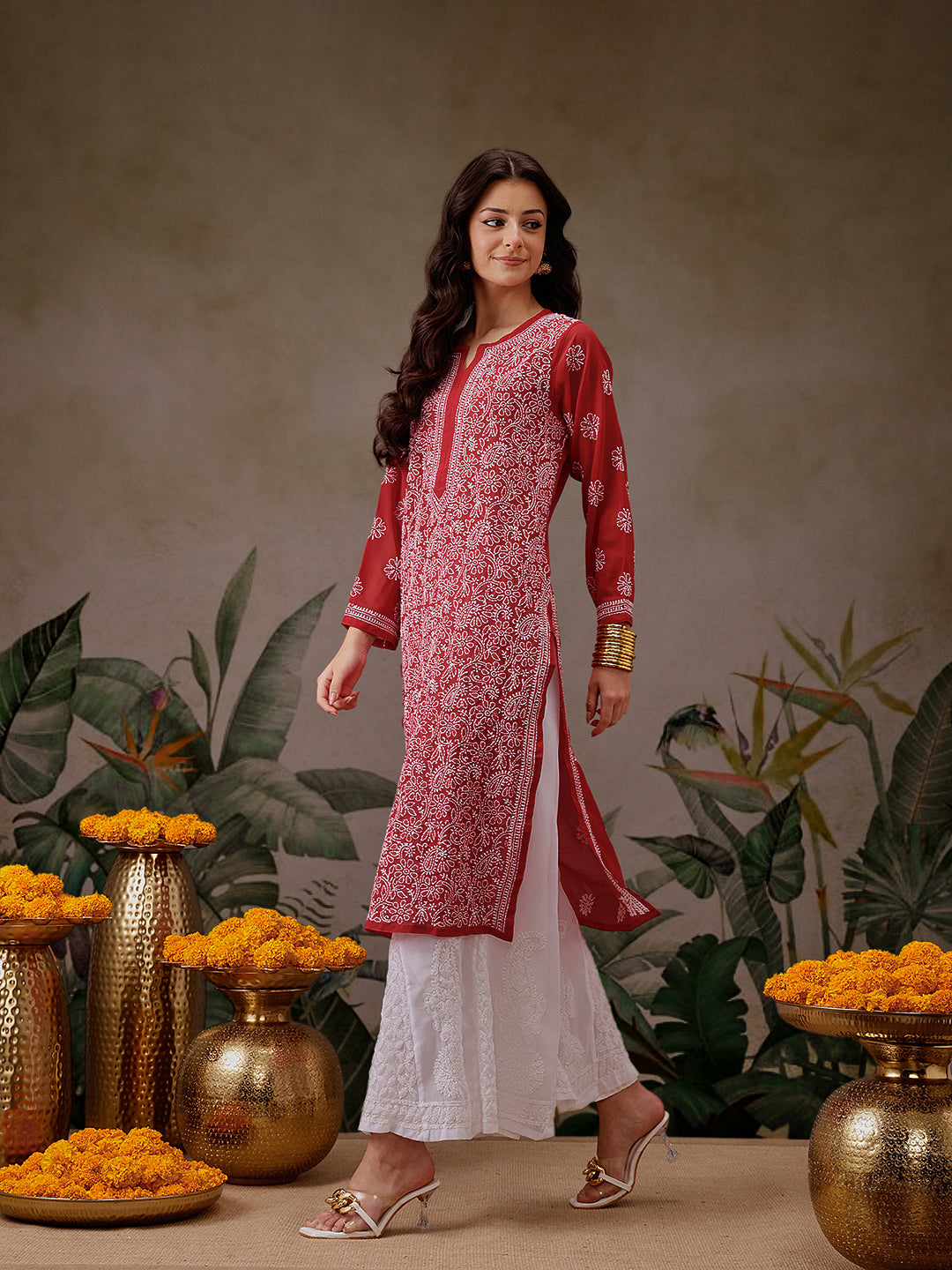 Red-&-White-Poly-Georgette-Chikankari-Kurta-With-Palazzo