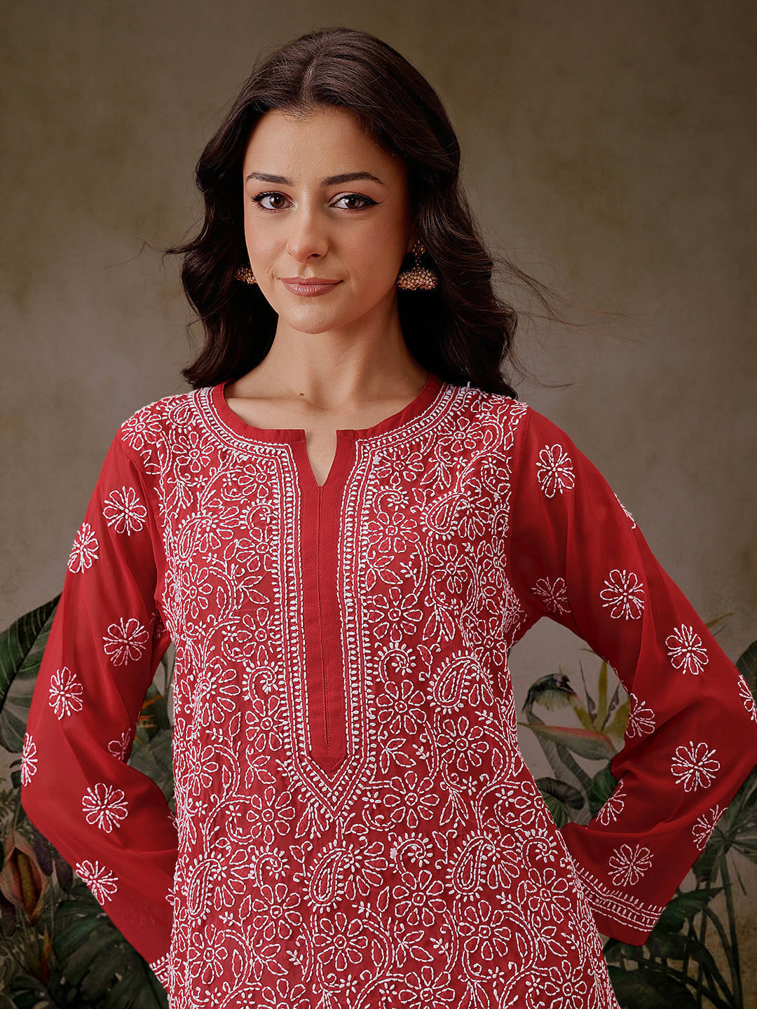 Red-&-White-Poly-Georgette-Chikankari-Kurta-With-Palazzo