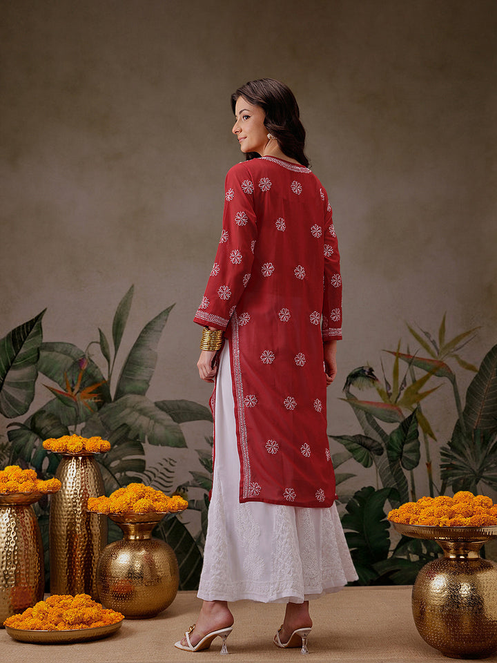 Red-&-White-Poly-Georgette-Chikankari-Kurta-With-Palazzo