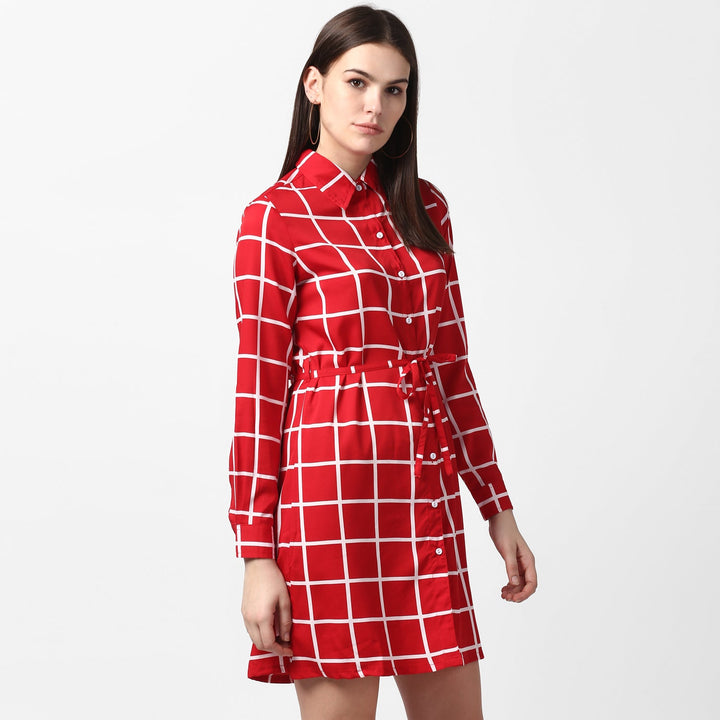 Red-&-White-Polyester-Check-Shirt-Dress-with-Belt
