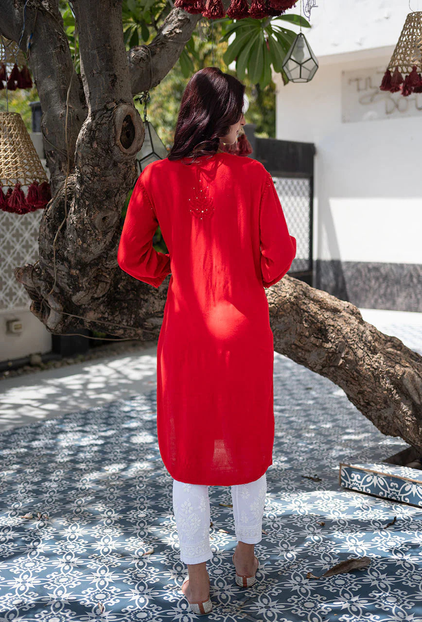 Red Bloom Rayon Chikankari Mukaish Kurta