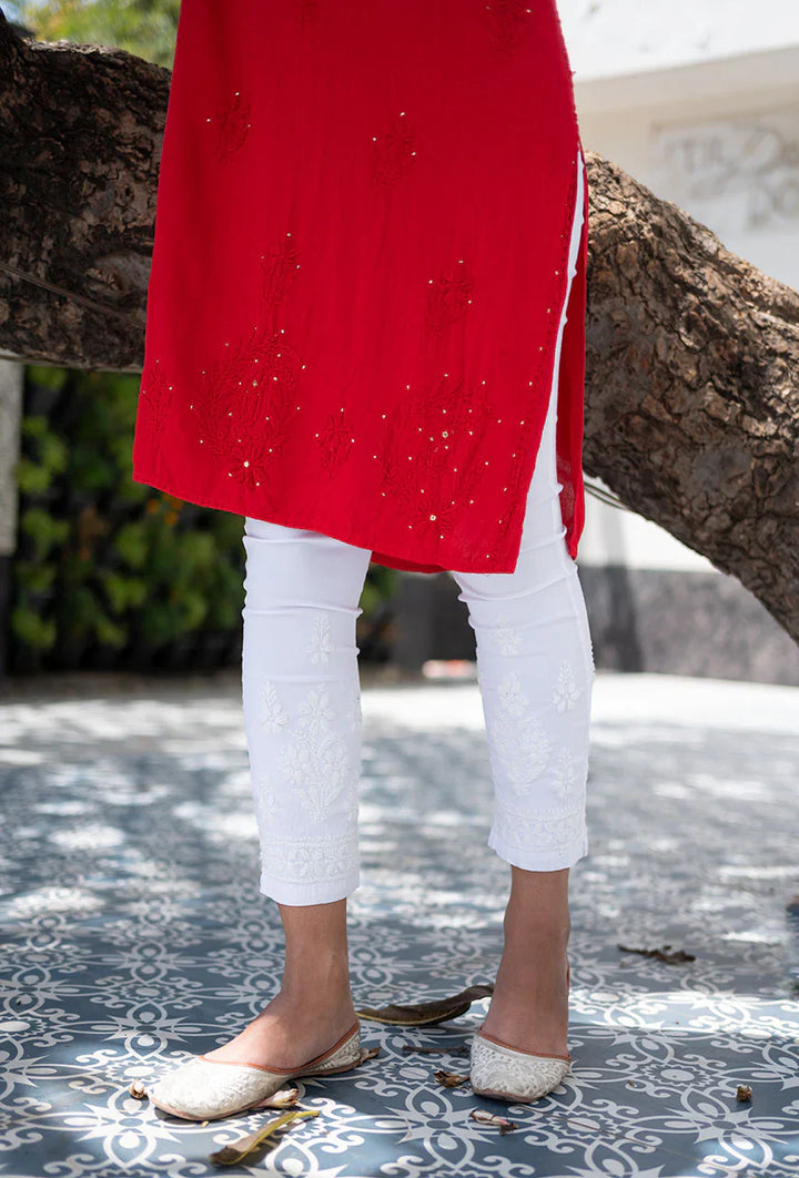 Red Bloom Rayon Chikankari Mukaish Kurta