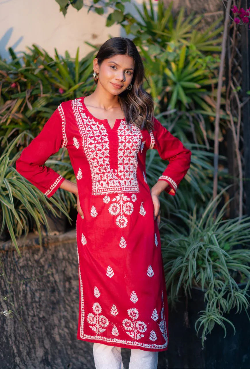 Red-Cotton-Alifa-Chikankari-Kurta-Only