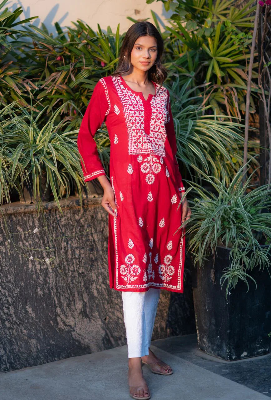 Red-Cotton-Alifa-Chikankari-Kurta-Only