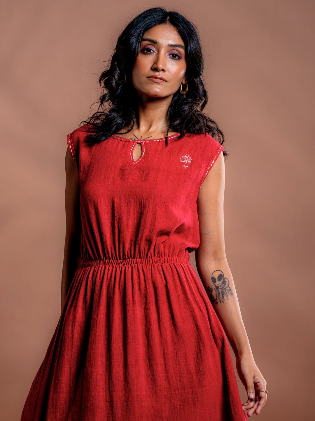 Red-Cotton-Boat-Neck-Flared-Midi-Dress