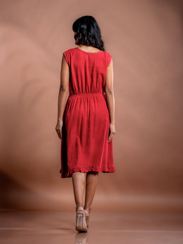 Red-Cotton-Boat-Neck-Flared-Midi-Dress