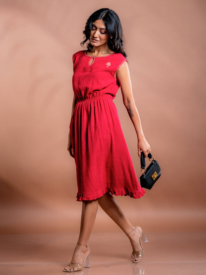Red-Cotton-Boat-Neck-Flared-Midi-Dress
