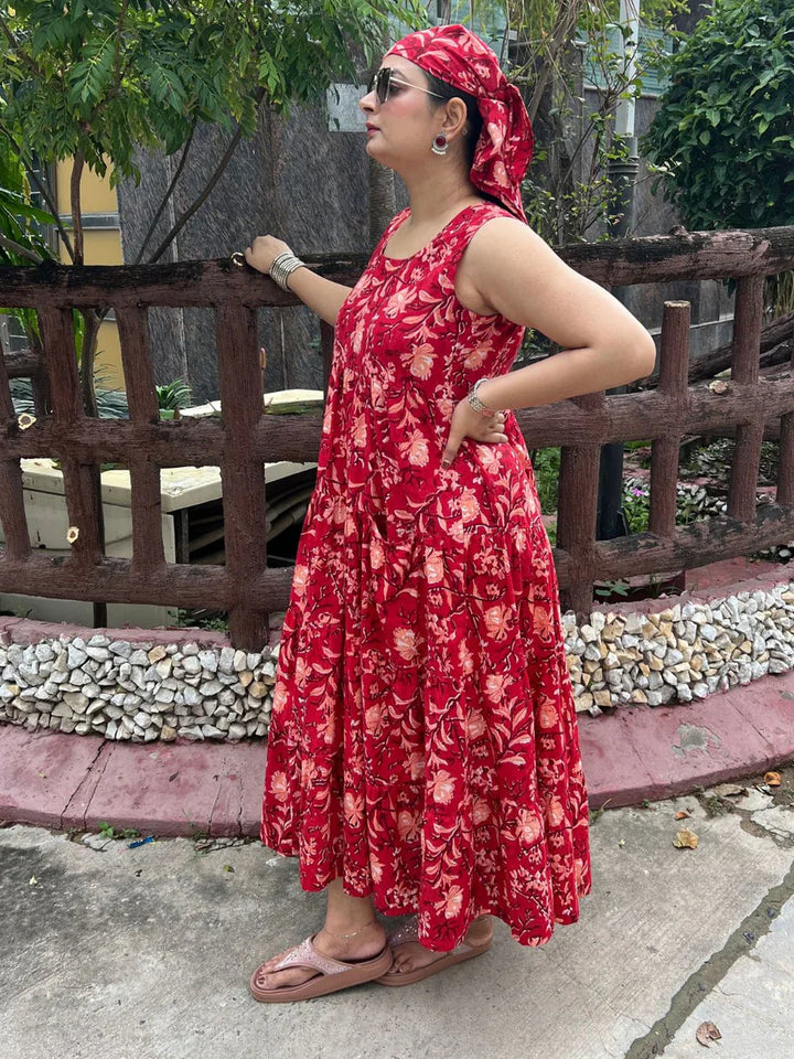 Red-Cotton-Laal-Phool-Maxi-Dress