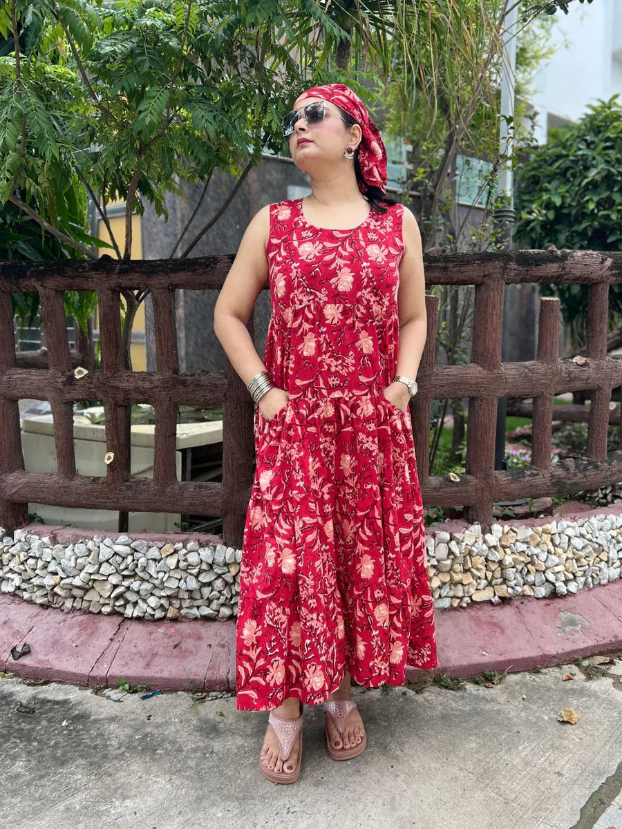 Red-Cotton-Laal-Phool-Maxi-Dress