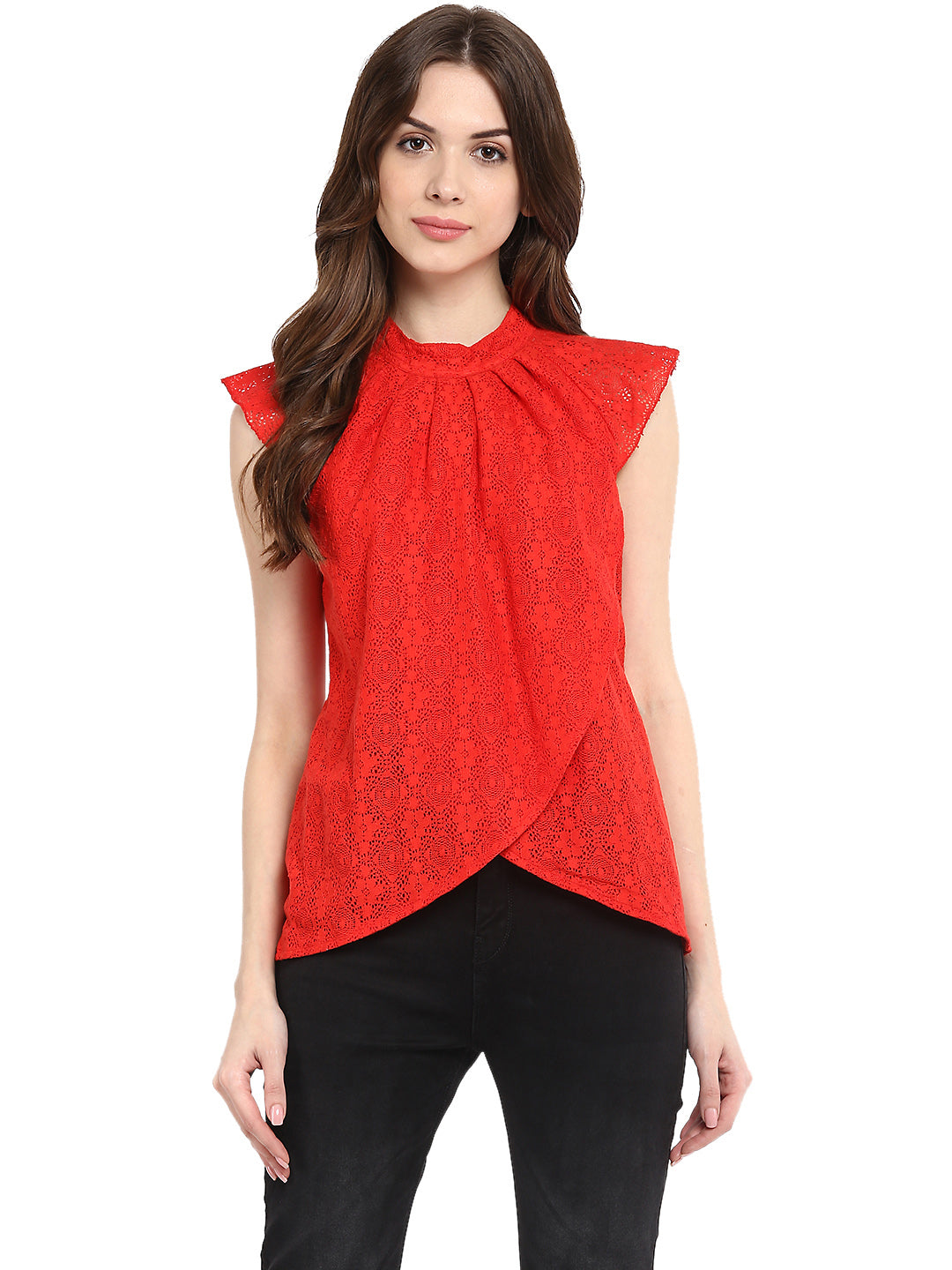 Red-Cotton-Lace-Pleated-Top
