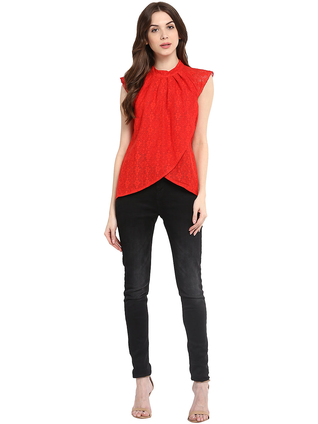 Red-Cotton-Lace-Pleated-Top