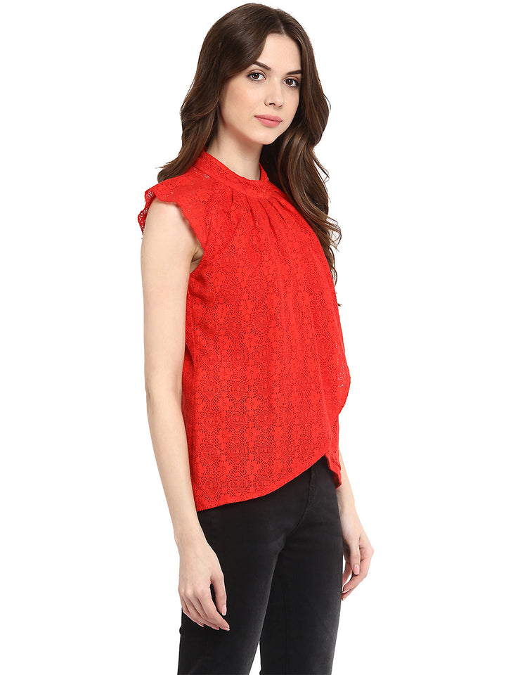 Red-Cotton-Lace-Pleated-Top