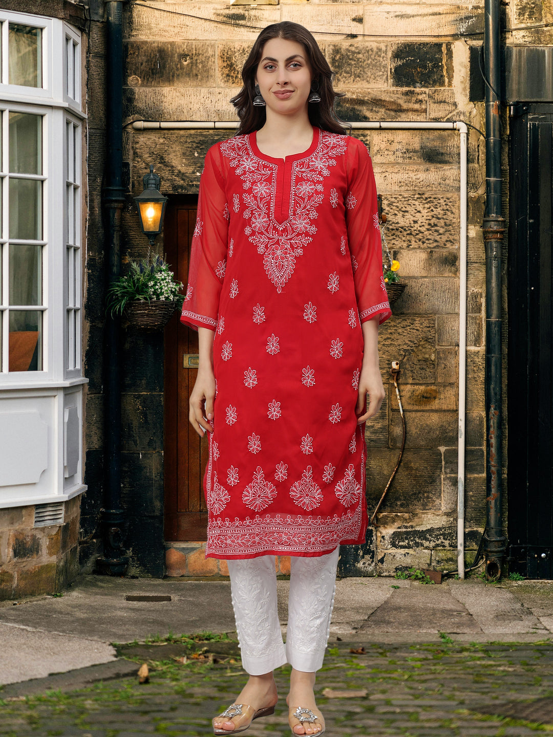 Red-Georgette-Embroidered-Chikankari-Kurta-With-Slip