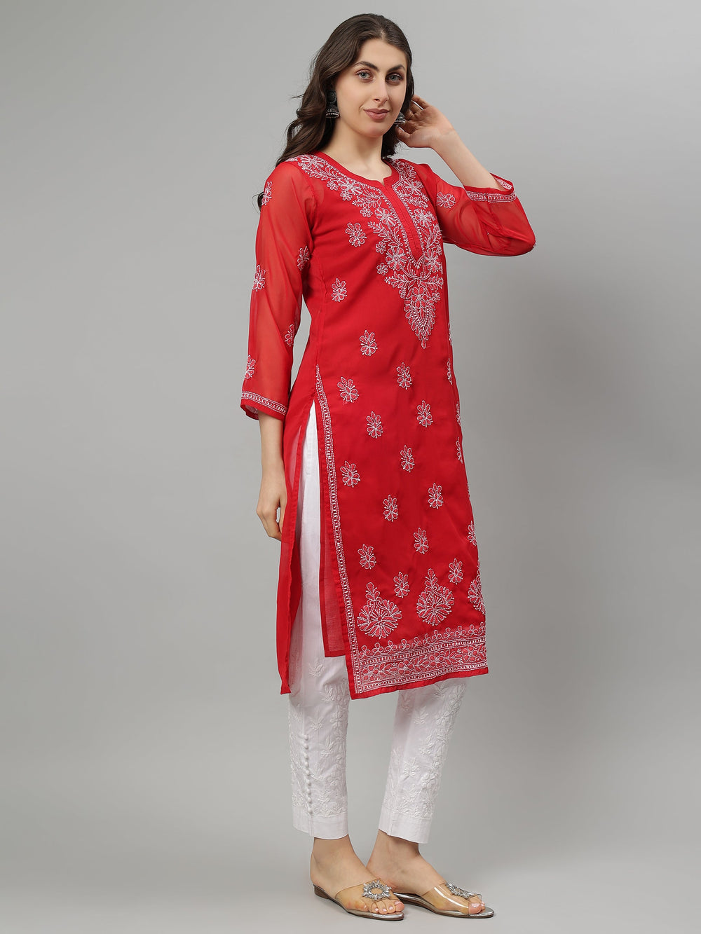 Red-Georgette-Embroidered-Chikankari-Kurta-With-Slip