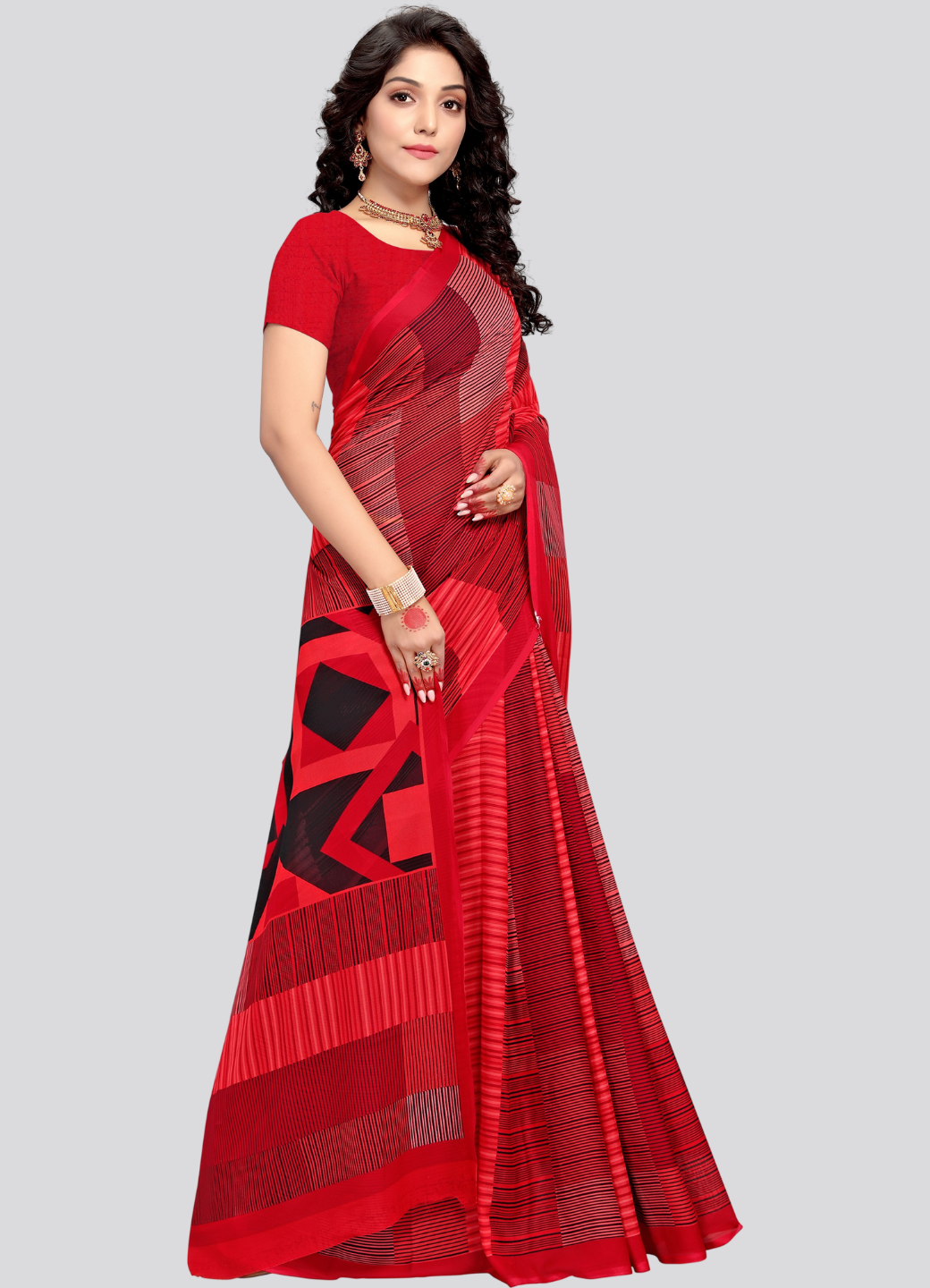 Red Georgette Printed Classy Saree