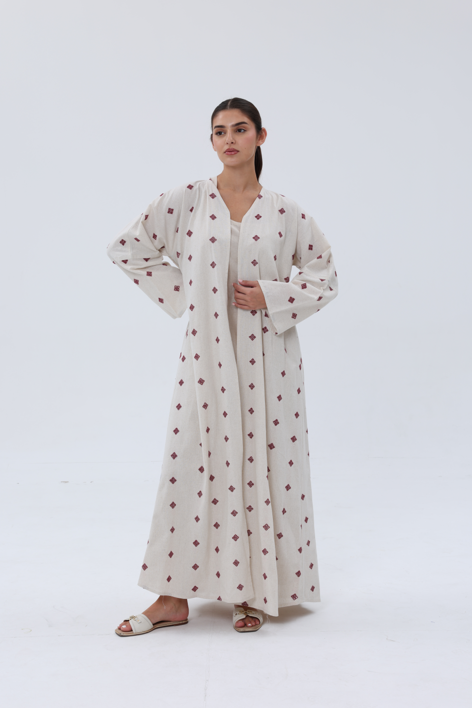 Beige-&-Off-White-Red-Linen-Blend-Embroidered-Abaya-Set