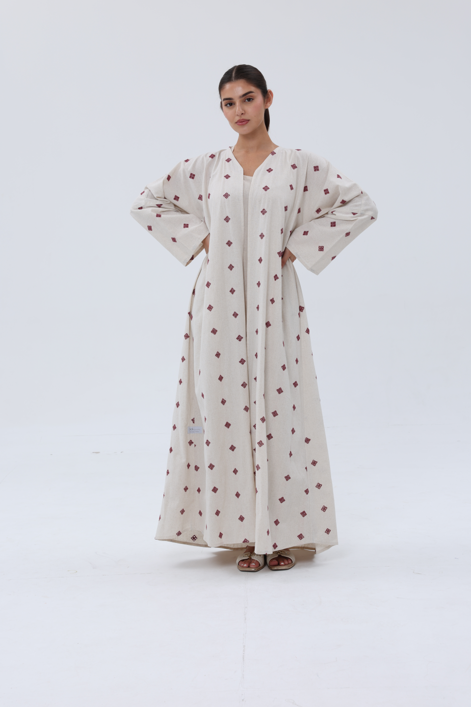 Beige-&-Off-White-Red-Linen-Blend-Embroidered-Abaya-Set