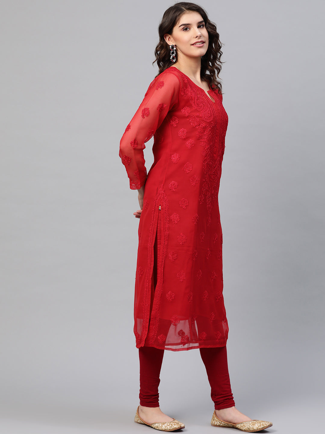 Red-Poly-Georgette-Embroidered-Chikankari-Kurta-With-Slip