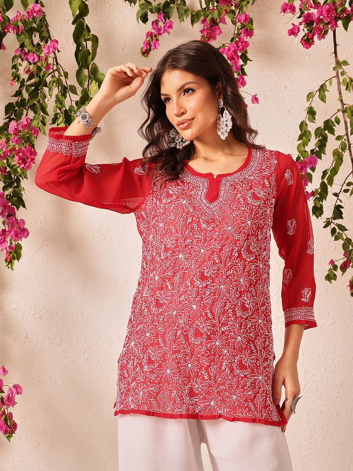 Red-Poly-Georgette-Lucknowi-Chikankari-Short-Kurta-ONLY