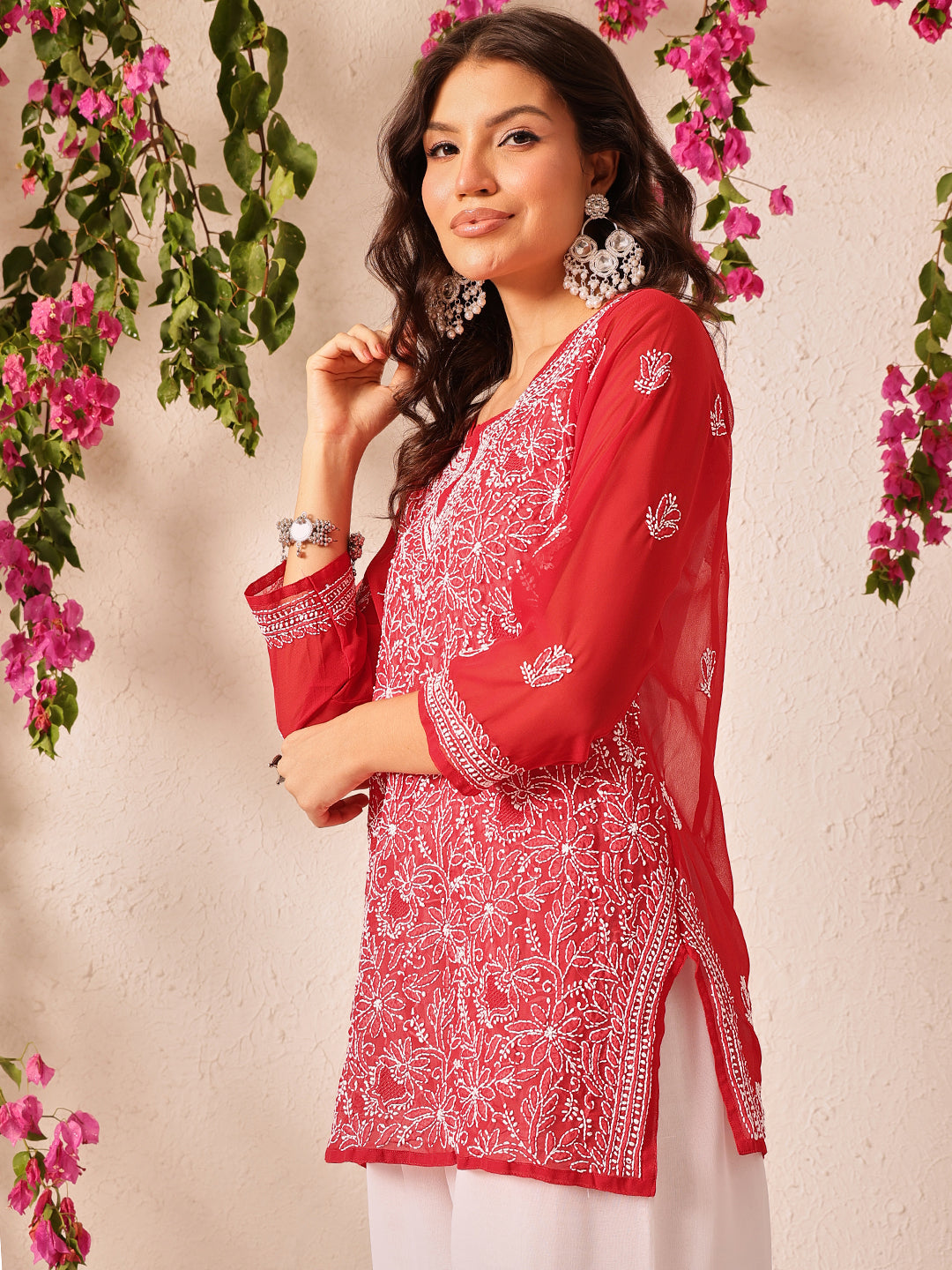 Red-Poly-Georgette-Lucknowi-Chikankari-Short-Kurta-ONLY