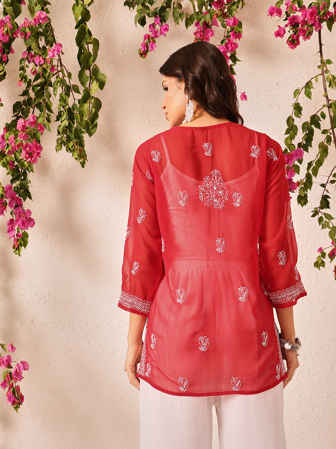 Red-Poly-Georgette-Lucknowi-Chikankari-Short-Kurta-ONLY