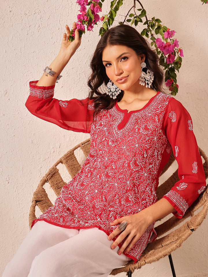 Red-Poly-Georgette-Lucknowi-Chikankari-Short-Kurta-ONLY