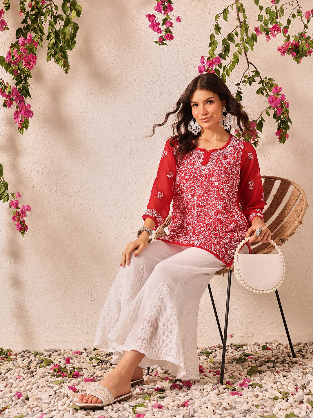 Red-Poly-Georgette-Lucknowi-Chikankari-Short-Kurta-ONLY