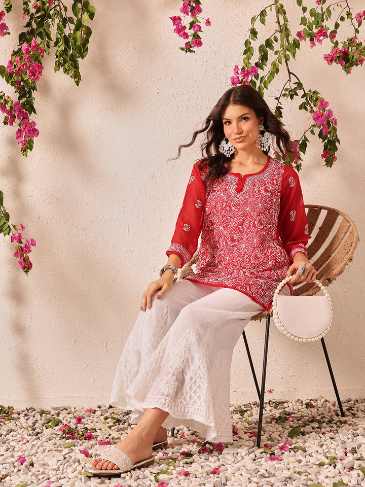 Red-Poly-Georgette-Lucknowi-Chikankari-Short-Kurta-ONLY