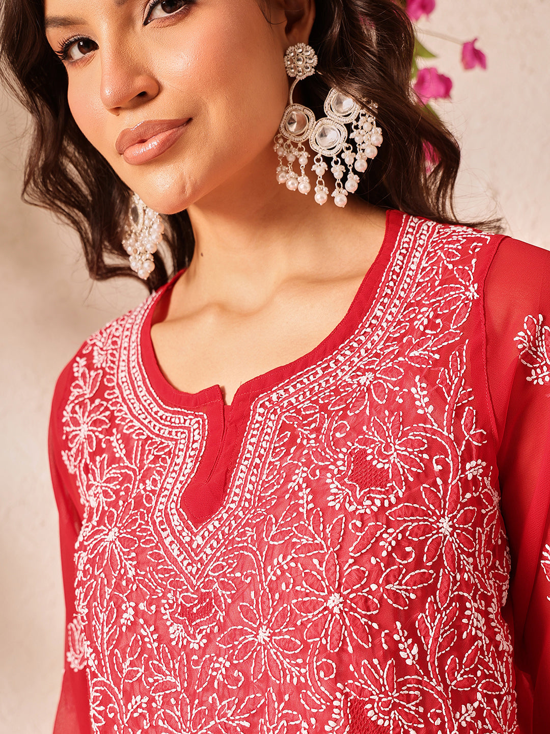 Red-Poly-Georgette-Lucknowi-Chikankari-Short-Kurta-ONLY