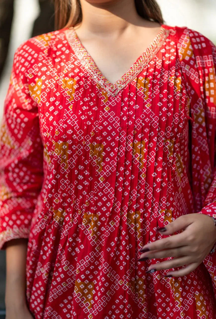 Red-Pure-Cotton-Rosy-A-Line-2-Piece-Kurta-Set