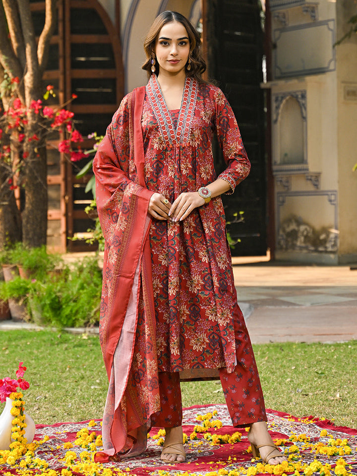 Red-Rayon-Blend-Floral-Printed-3-Piece-Kurta-Set
