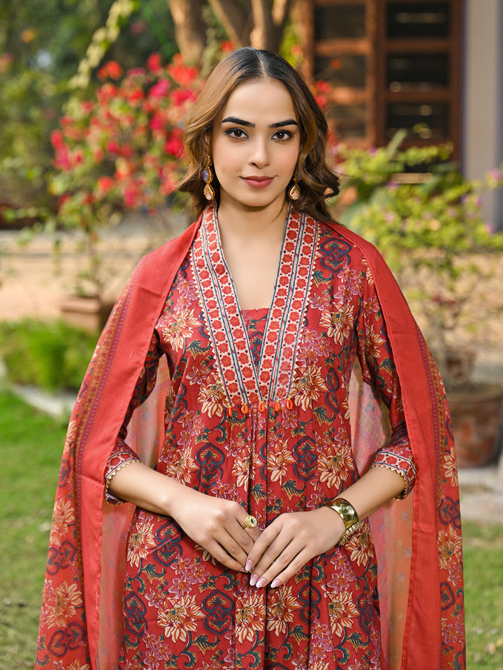 Red-Rayon-Blend-Floral-Printed-3-Piece-Kurta-Set