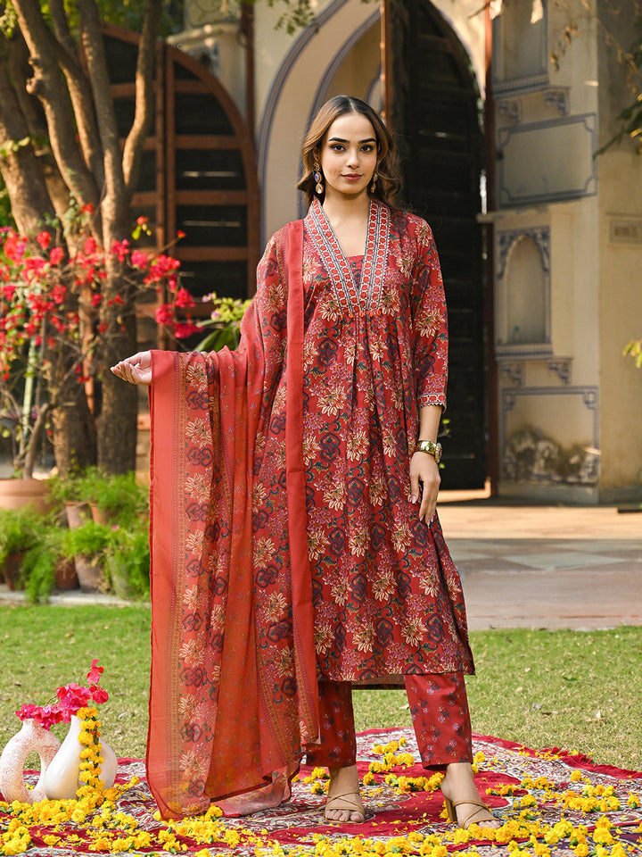 Red-Rayon-Blend-Floral-Printed-3-Piece-Kurta-Set