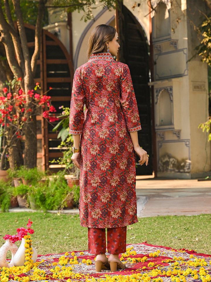 Red-Rayon-Blend-Floral-Printed-3-Piece-Kurta-Set
