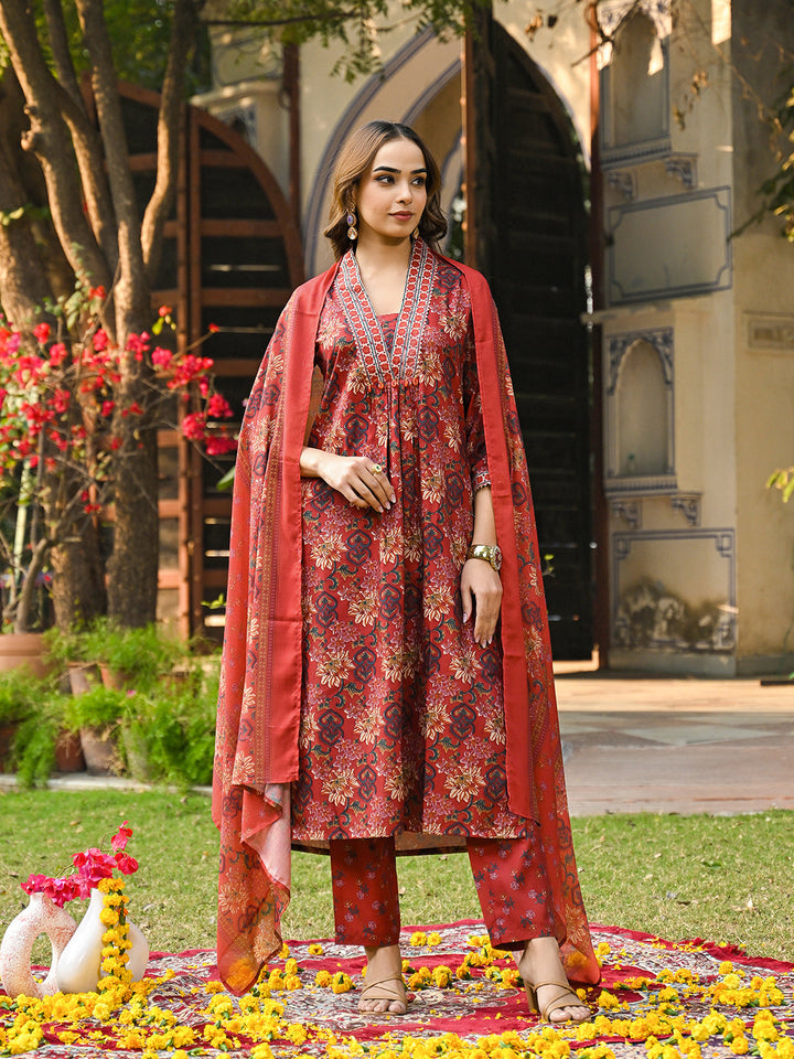 Red-Rayon-Blend-Floral-Printed-3-Piece-Kurta-Set