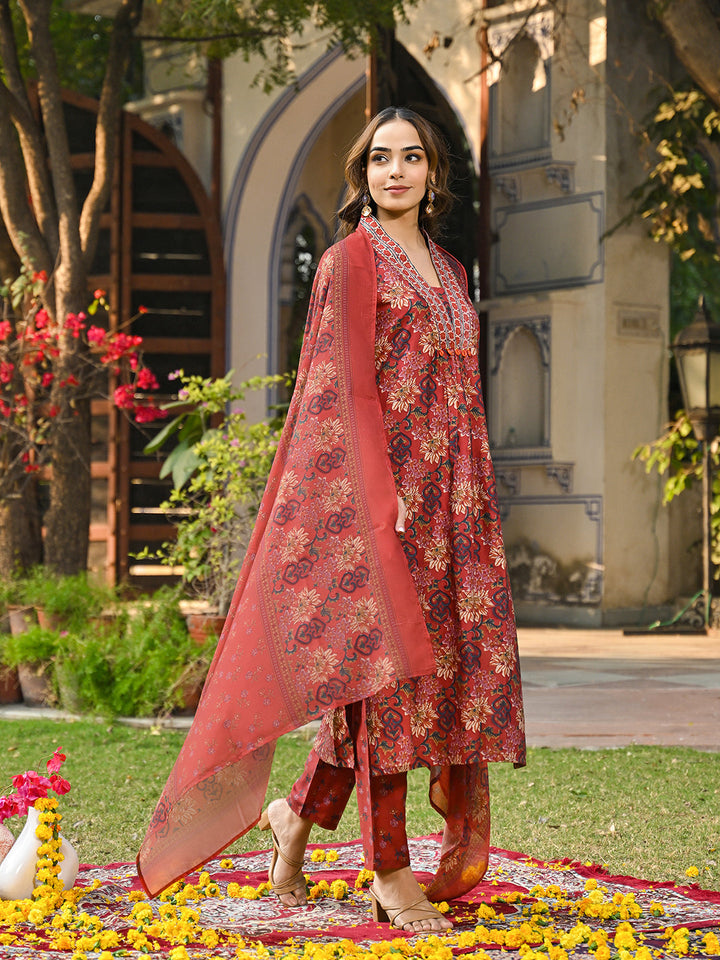 Red-Rayon-Blend-Floral-Printed-3-Piece-Kurta-Set